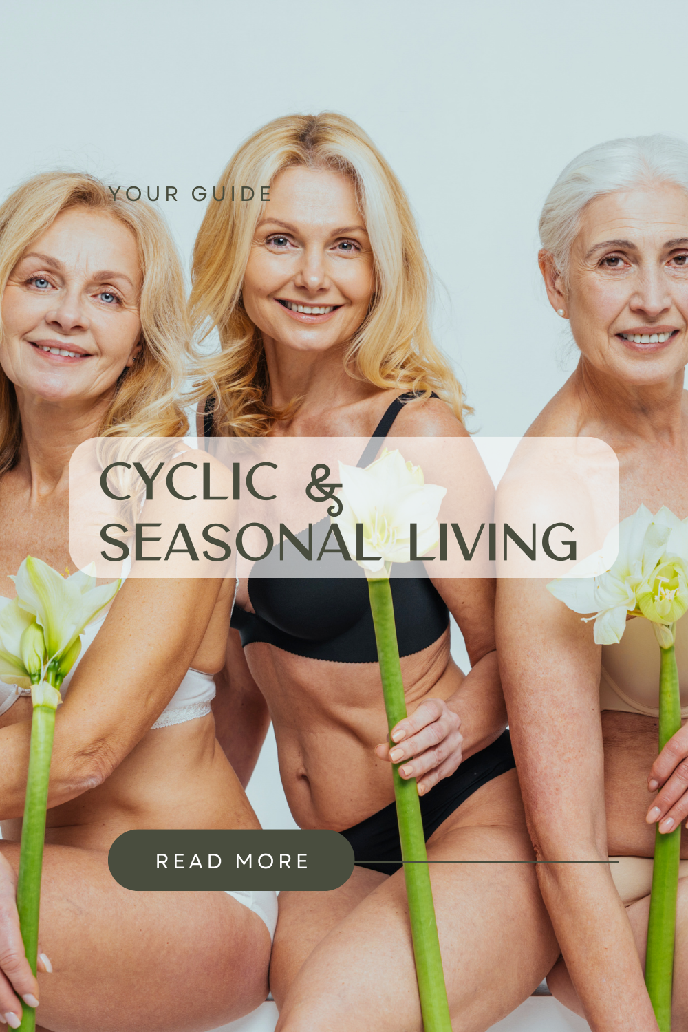 Image of three women in their underwear from three generations holding flowers and smiling at the camera